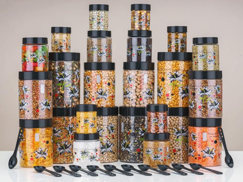 Entisia Kitchen Storage Box - Floral Printed Plastic jar containers with Lid & Spoon, 1200ml, 650ml, 350ml & 250ml Food Storage Dabba Boxes for Pulses, Snacks, Spices & Dry Fruits (Black,16) - Image 2