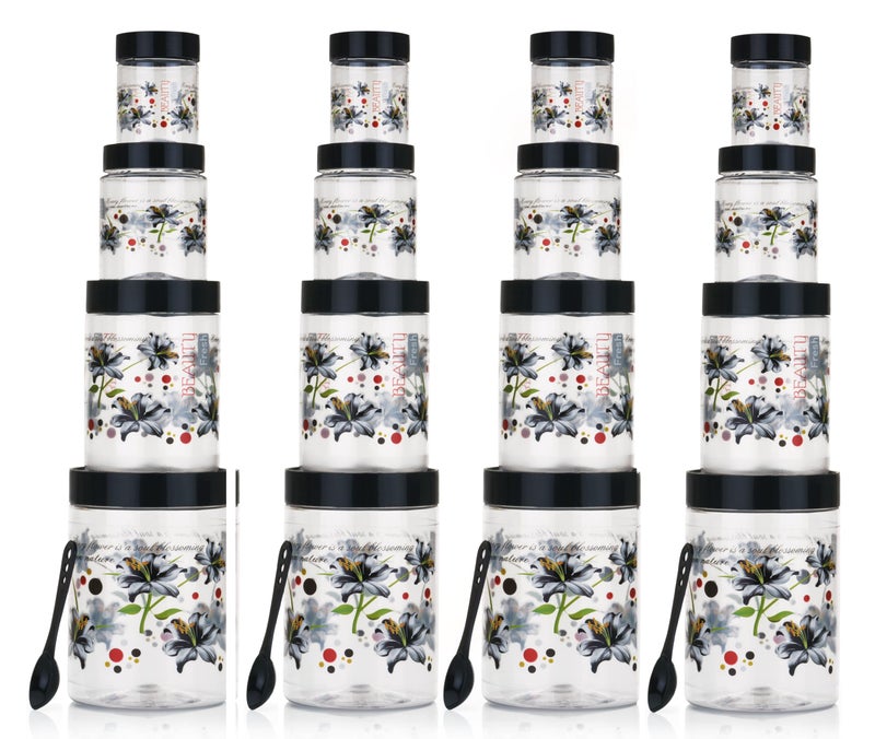 Entisia Kitchen Storage Box - Floral Printed Plastic jar containers with Lid & Spoon, 1200ml, 650ml, 350ml & 250ml Food Storage Dabba Boxes for Pulses, Snacks, Spices & Dry Fruits (Black,16) - Image 5
