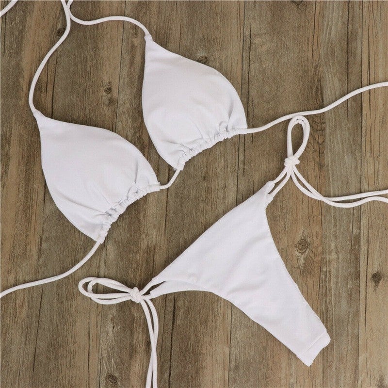 Hanging Neck Solid Color Three-Point Bikini Swimsuit Women'S Split Strap Adjustable Multicolor Swimsuit - Image 3