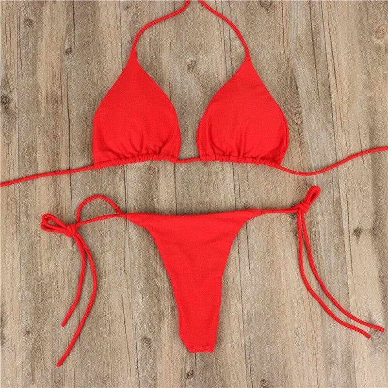 Hanging Neck Solid Color Three-Point Bikini Swimsuit Women'S Split Strap Adjustable Multicolor Swimsuit - Image 5