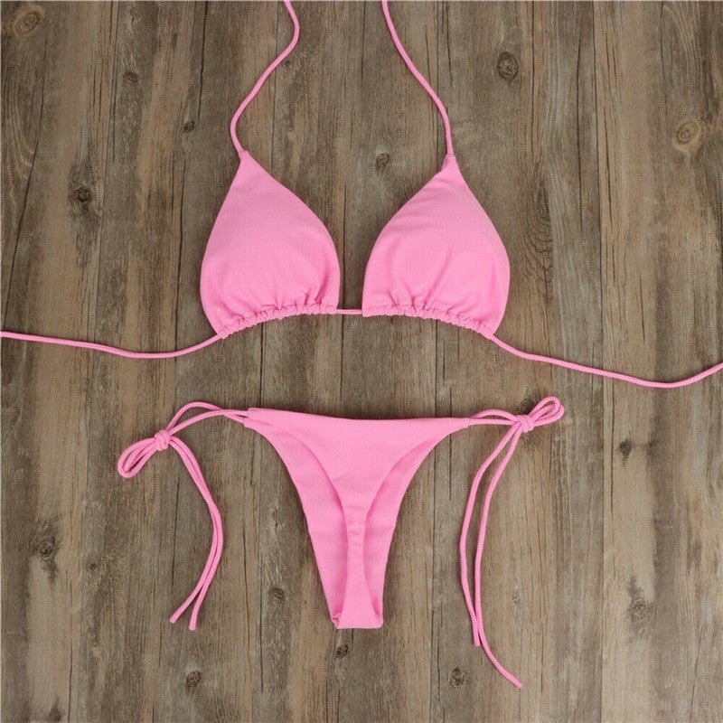 Hanging Neck Solid Color Three-Point Bikini Swimsuit Women'S Split Strap Adjustable Multicolor Swimsuit - Image 1