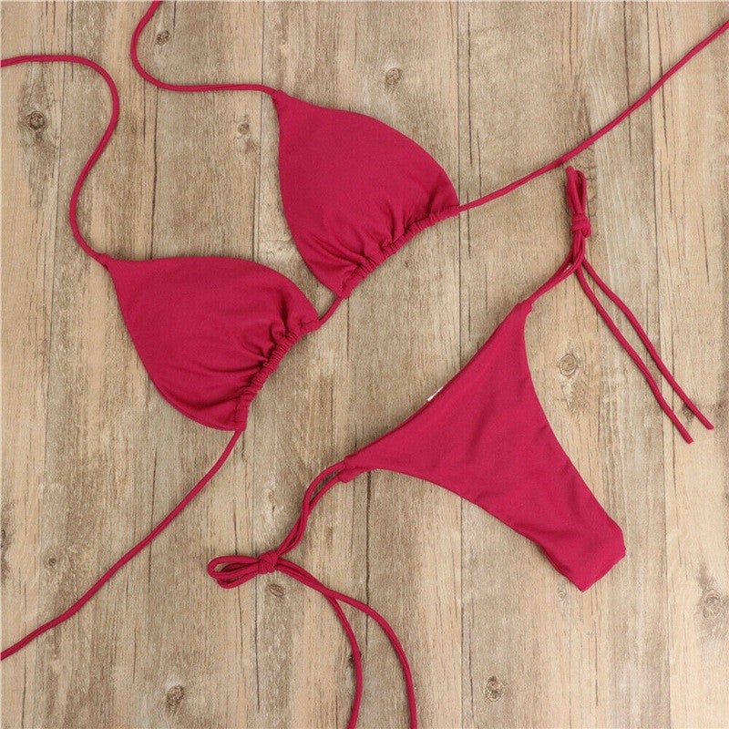 Hanging Neck Solid Color Three-Point Bikini Swimsuit Women'S Split Strap Adjustable Multicolor Swimsuit - Image 2