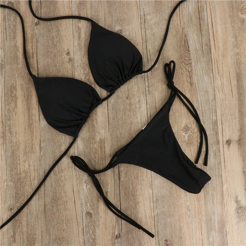 Hanging Neck Solid Color Three-Point Bikini Swimsuit Women'S Split Strap Adjustable Multicolor Swimsuit - Image 4