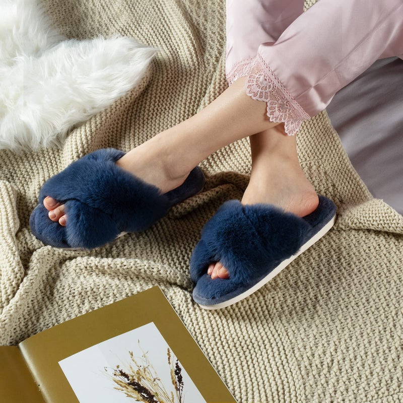 Parlovable Women's Fuzzy Slippers Comfy Cross Band House Shoes Memory Foam Open Toe Indoor Gifts for Ladies Navy 9-10 - Image 5