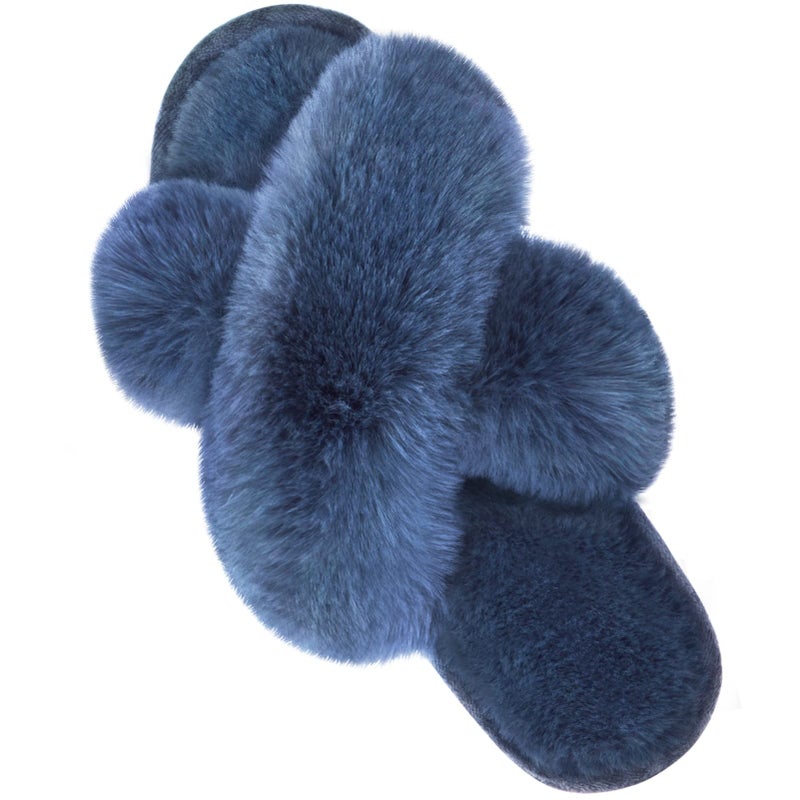 Parlovable Women's Fuzzy Slippers Comfy Cross Band House Shoes Memory Foam Open Toe Indoor Gifts for Ladies Navy 9-10 - Image 1