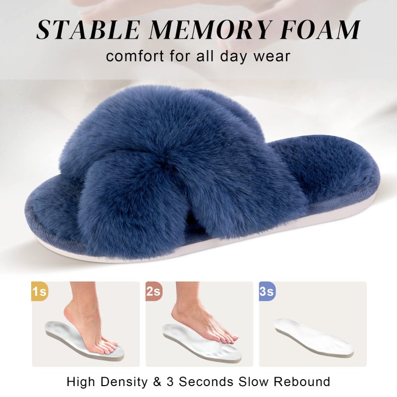 Parlovable Women's Fuzzy Slippers Comfy Cross Band House Shoes Memory Foam Open Toe Indoor Gifts for Ladies Navy 9-10 - Image 3
