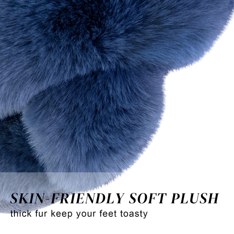 Parlovable Women's Fuzzy Slippers Comfy Cross Band House Shoes Memory Foam Open Toe Indoor Gifts for Ladies Navy 9-10 - Image 2