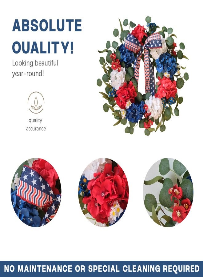 TEMPUS 20 Inch Patriotic Wreath for Front Door, 4th of July Decorations, Red White and Blue Silk Hydrangea Wreath with Eucalyptus, Handmade Memorial Day Independence Day, Labor Day Spring Summer Decor - Image 2