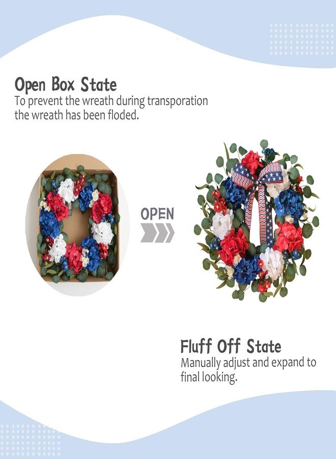 TEMPUS 20 Inch Patriotic Wreath for Front Door, 4th of July Decorations, Red White and Blue Silk Hydrangea Wreath with Eucalyptus, Handmade Memorial Day Independence Day, Labor Day Spring Summer Decor - Image 4