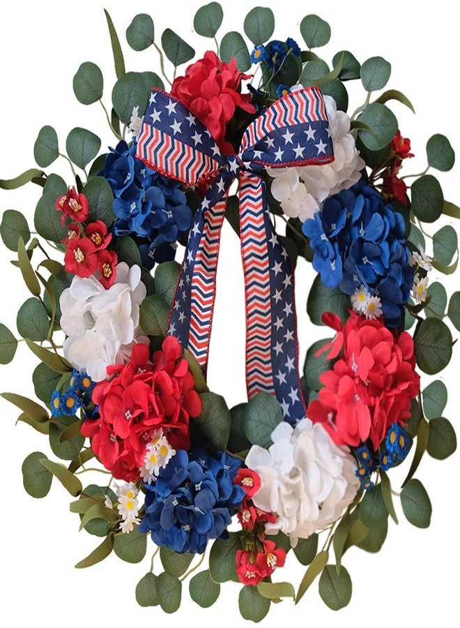 TEMPUS 20 Inch Patriotic Wreath for Front Door, 4th of July Decorations, Red White and Blue Silk Hydrangea Wreath with Eucalyptus, Handmade Memorial Day Independence Day, Labor Day Spring Summer Decor - Image 1