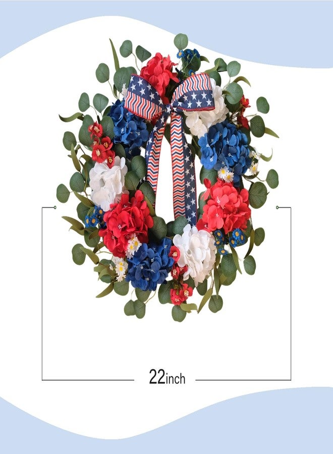 TEMPUS 20 Inch Patriotic Wreath for Front Door, 4th of July Decorations, Red White and Blue Silk Hydrangea Wreath with Eucalyptus, Handmade Memorial Day Independence Day, Labor Day Spring Summer Decor - Image 3