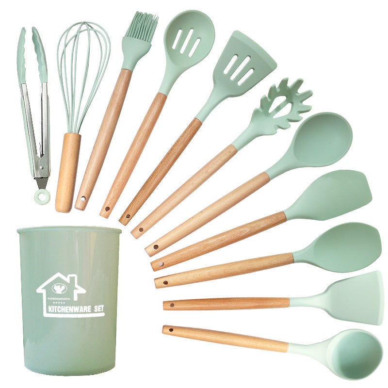 Food grade silicone spatula non-stick special high temperature resistant kitchen spatula cooking spatula does not hurt the pan frying spoon suit Light green 