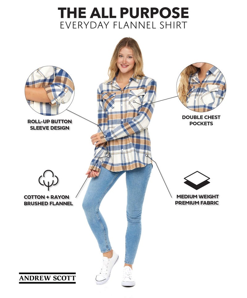 Andrew Scott Women's Classic-Fit Long-Sleeve Lightweight Plaid Flannel Shirt -Multi Packs/Colors - Image 4
