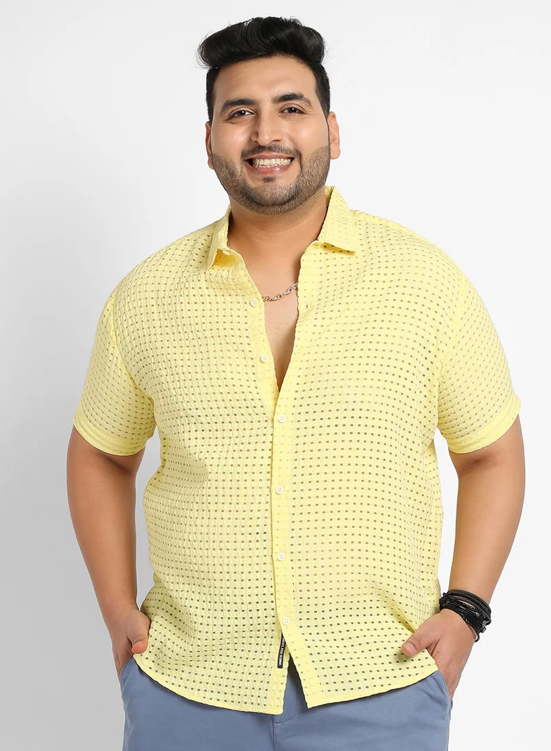 انستافاب بلس قميص رجالي أصفر ليموني شفاف مربع بأكمام قصيرة وياقة ممتدة