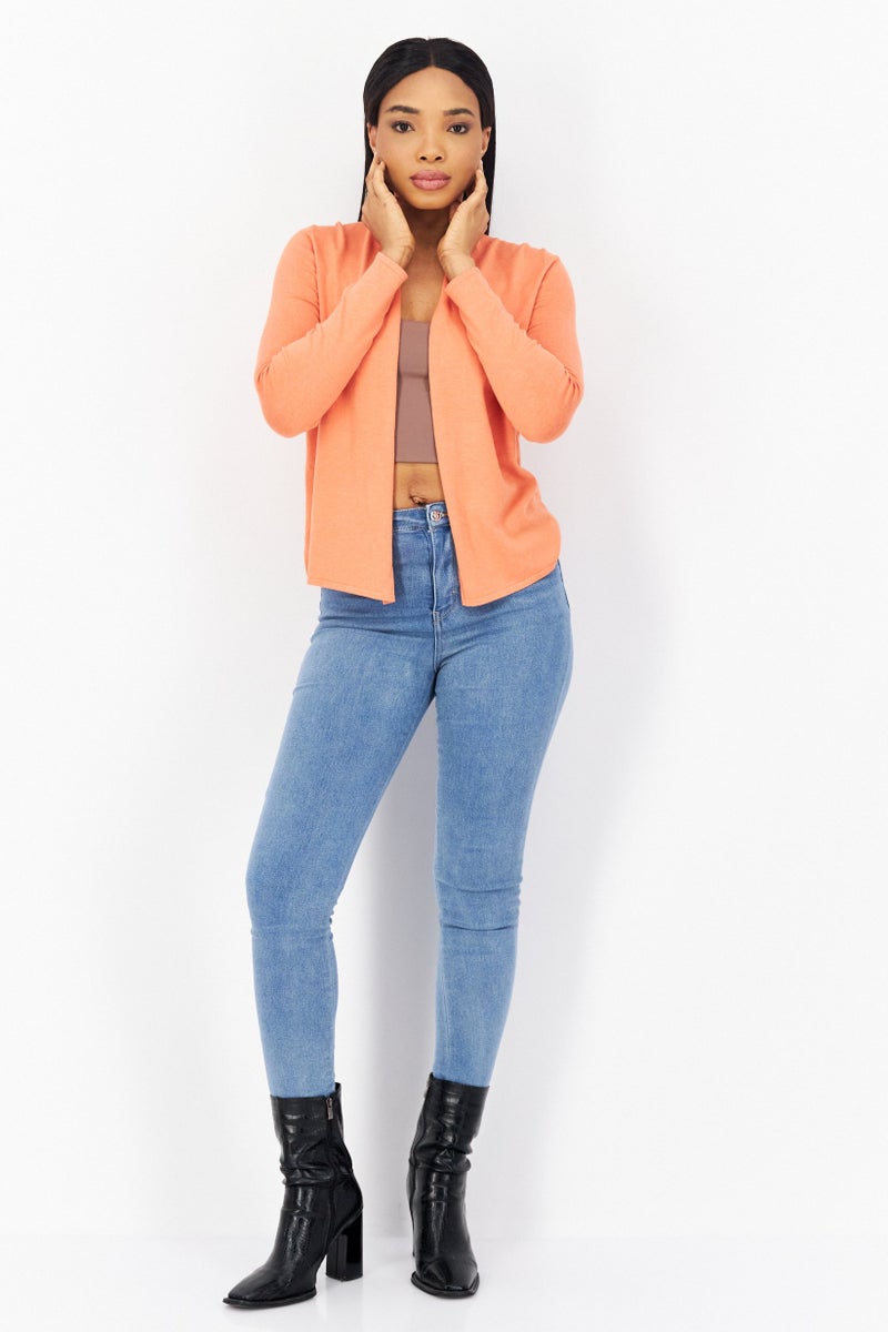 Zero Women Split Neck Plain Cardigan, Orange - Image 3