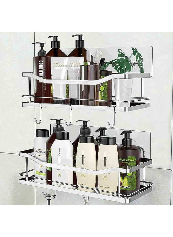 Shower Caddy Shelf with 5 Hooks Organizer Storage Rack Rustproof Wall Mounted Stainless Steel No Drilling for Bathroom, Toilet, Kitchen - 2 Pack - Image 1