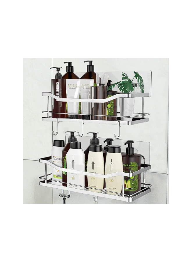 Shower Caddy Shelf with 5 Hooks Organizer Storage Rack Rustproof Wall Mounted Stainless Steel No Drilling for Bathroom, Toilet, Kitchen - 2 Pack - Image 3
