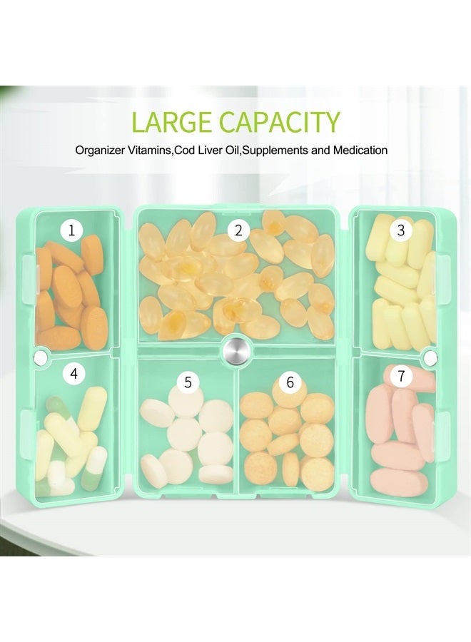 FYY Daily Pill Organizer [Folding Design], 7 Compartments Portable Travel Pill Case Box for Purse Pocket to Hold Vitamins,Cod Liver Oil,Supplements and Medication-Green - Image 2