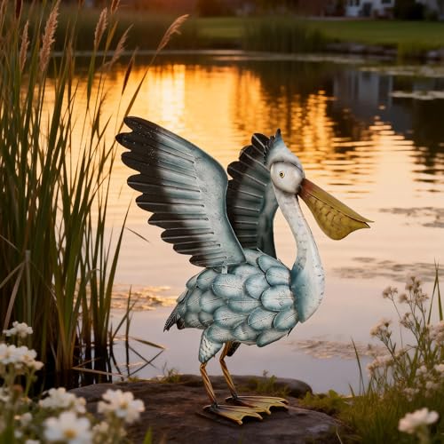 Ultym Metal Pelican Garden Staue, 18.5in Large Coastal Pelican Outdoor Yard Art Decor with Hand-Painted Blue & White Finish, Lifelike Bird Sculpture for Backyard Pond, Patio, Flowerbed or Home Decor - Image 2