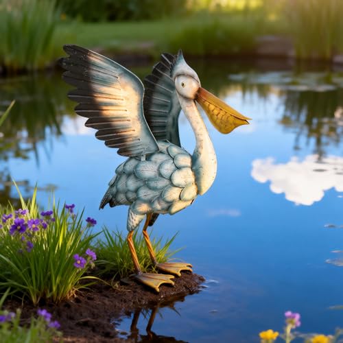 Ultym Metal Pelican Garden Staue, 18.5in Large Coastal Pelican Outdoor Yard Art Decor with Hand-Painted Blue & White Finish, Lifelike Bird Sculpture for Backyard Pond, Patio, Flowerbed or Home Decor - Image 3