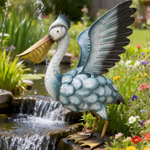 Ultym Metal Pelican Garden Staue, 18.5in Large Coastal Pelican Outdoor Yard Art Decor with Hand-Painted Blue & White Finish, Lifelike Bird Sculpture for Backyard Pond, Patio, Flowerbed or Home Decor - Image 1