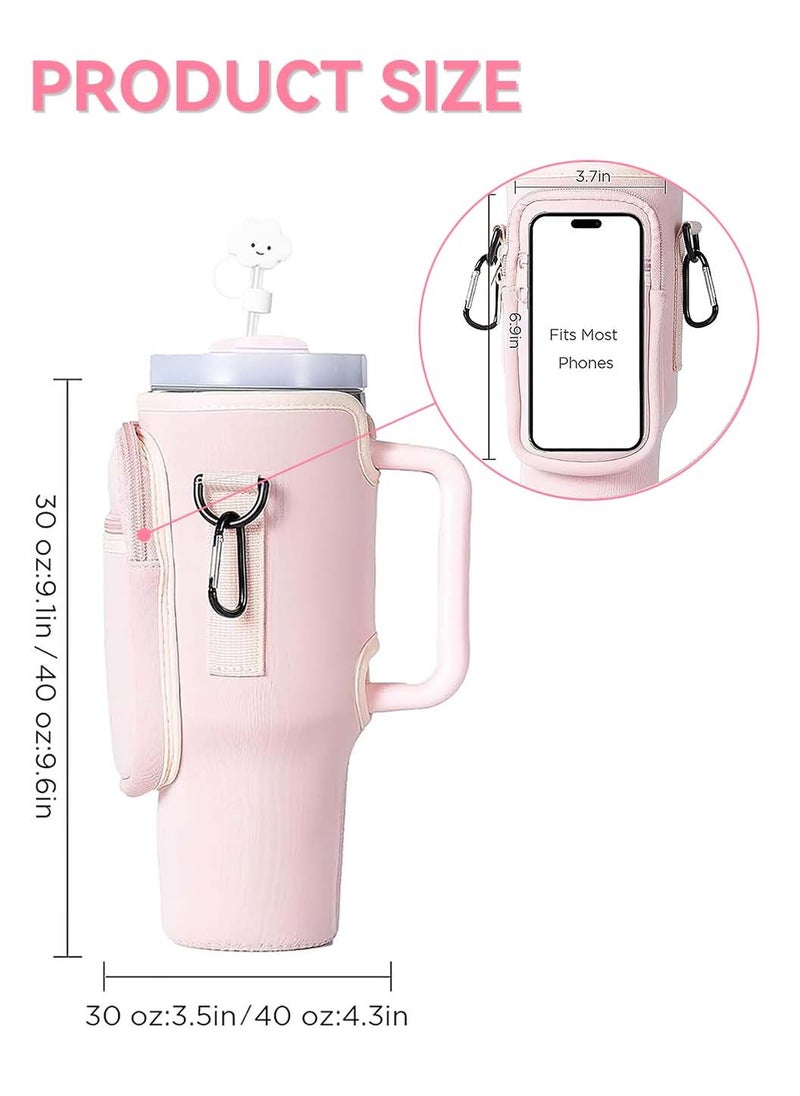 LEOKOR - 40oz Water Bottle Carrier Bag, Shockproof Scratchproof Tumbler Sleeve, Insulated Cup Sleeve, Water Bottle Holder with Pouch and Adjustable Strap Pink - Image 1