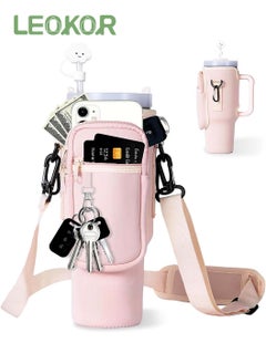LEOKOR 40oz Water Bottle Carrier Bag, Shockproof Scratchproof Tumbler Sleeve, Insulated Cup Sleeve, Water Bottle Holder with Pouch and Adjustable Strap Pink  - Image 1