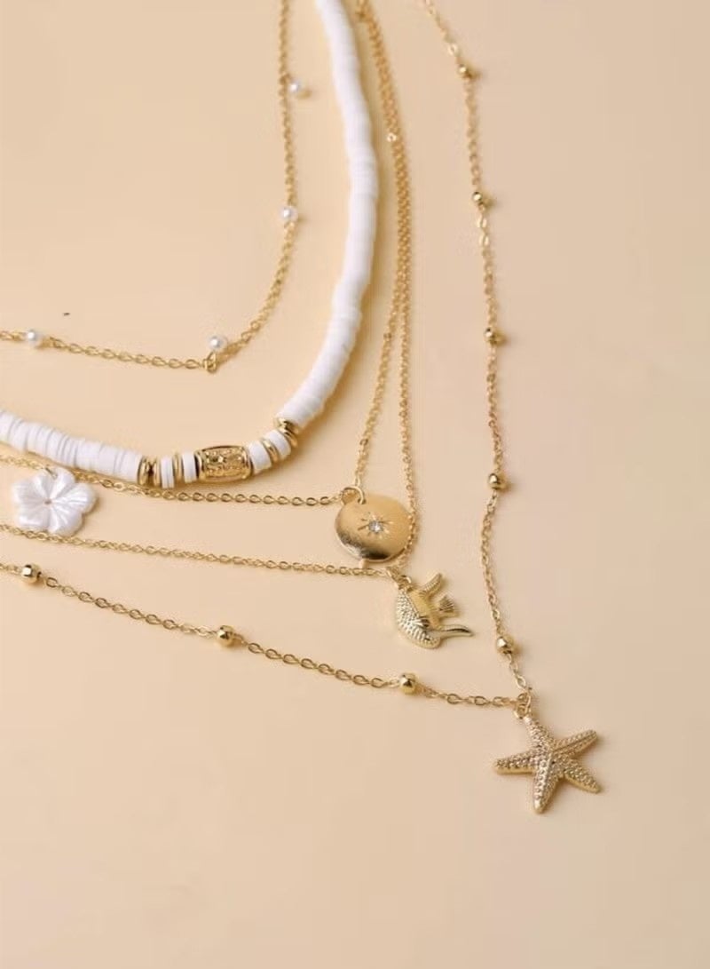 قلادة نسائية متعددة الطبقات مصنوعة من السيراميك على شكل نجمة البحر على شكل زهرة الفيل مصنوعة من سبائك الزنك مع خرز، مناسبة لعطلات الشاطئ - Image 4