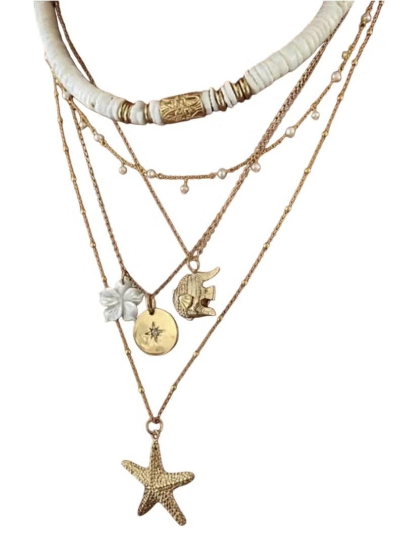 قلادة نسائية متعددة الطبقات مصنوعة من السيراميك على شكل نجمة البحر على شكل زهرة الفيل مصنوعة من سبائك الزنك مع خرز، مناسبة لعطلات الشاطئ - Image 2