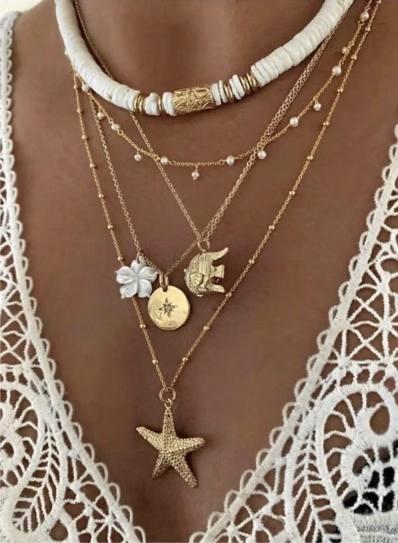 قلادة نسائية متعددة الطبقات مصنوعة من السيراميك على شكل نجمة البحر على شكل زهرة الفيل مصنوعة من سبائك الزنك مع خرز، مناسبة لعطلات الشاطئ - Image 1