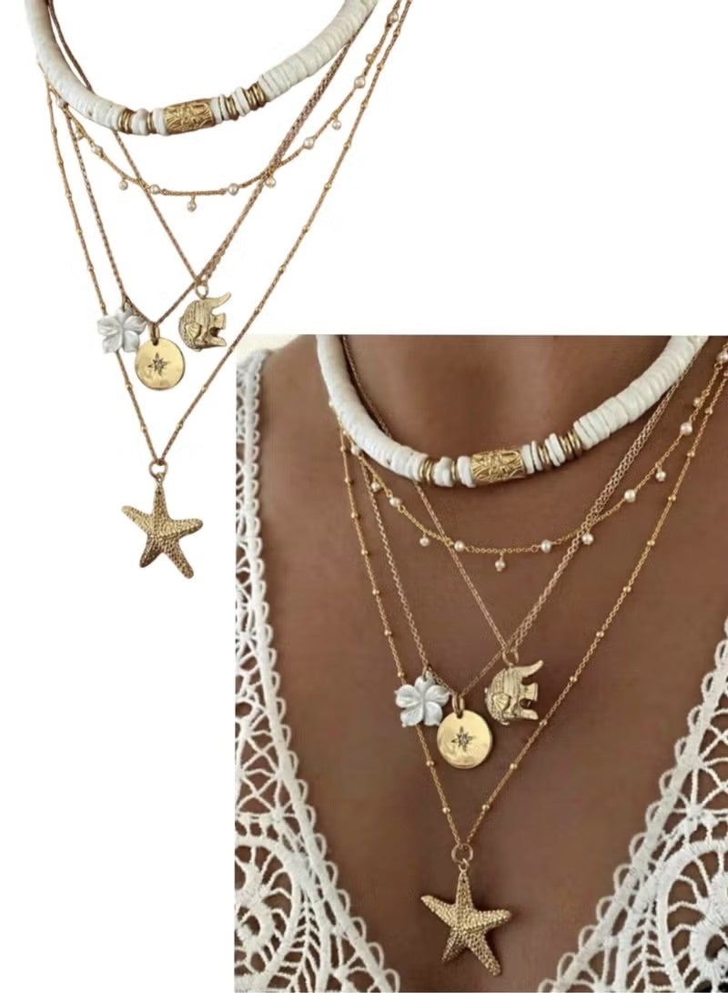قلادة نسائية متعددة الطبقات مصنوعة من السيراميك على شكل نجمة البحر على شكل زهرة الفيل مصنوعة من سبائك الزنك مع خرز، مناسبة لعطلات الشاطئ - Image 3