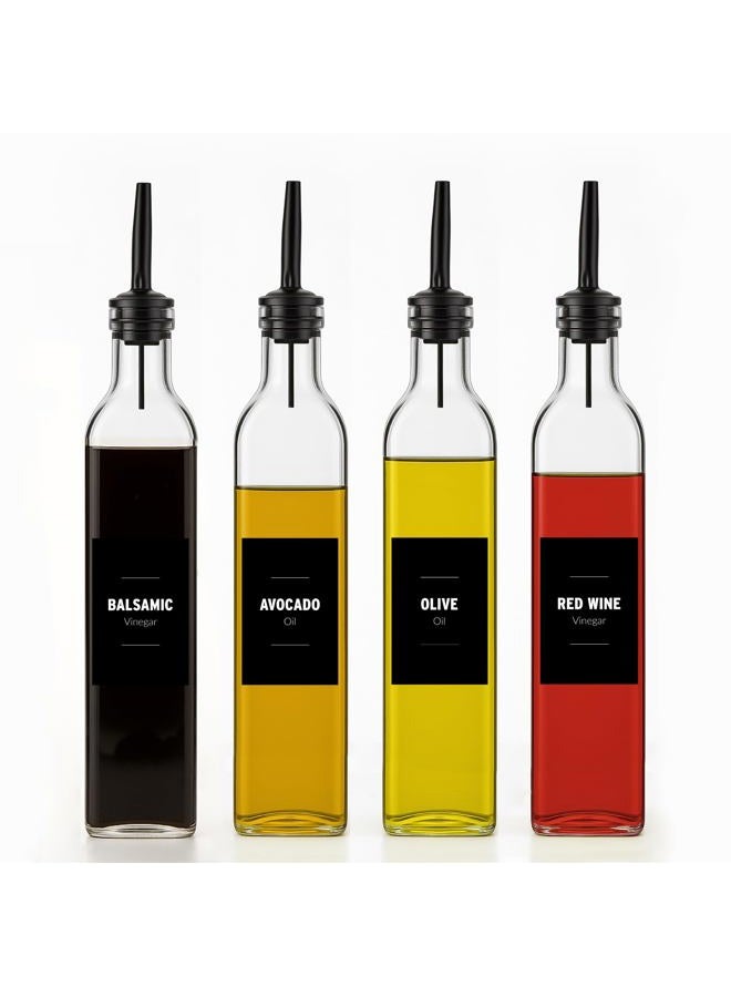Mlle Label 4PCS Olive Oil and Vinegar Dispenser Set, 17Oz Olive Oil Dispenser Bottle for Kitchen, Clear Glass Oil Bottle with Black Stainless Steel Pourers, Unique Kitchen Gadgets - Image 1