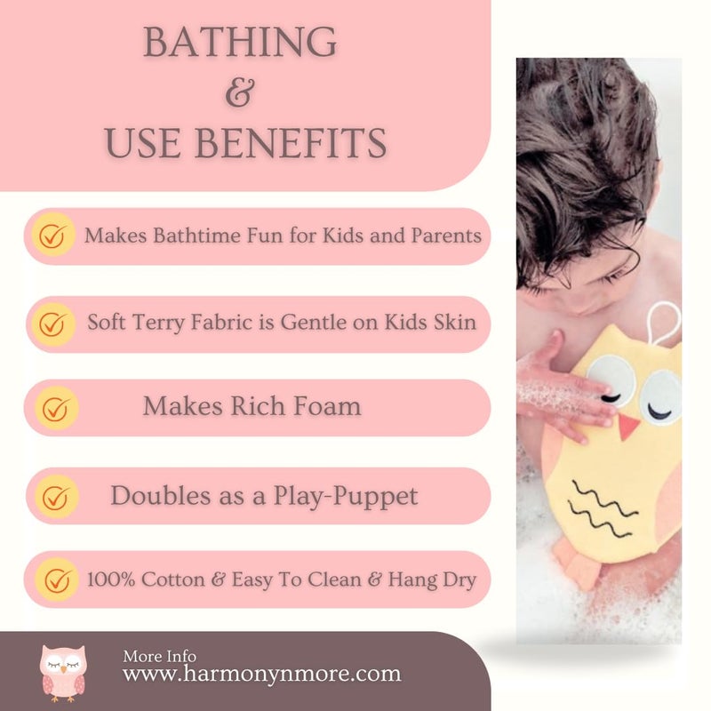 Harmony N More - Olivia The Owl Washcloth - Animal Shape Cotton Mitt - Bath Glove for Kids - Bath Towel Gloves - Cute Glove - Puppet Bath Glove (Pink, Blue) - Image 2