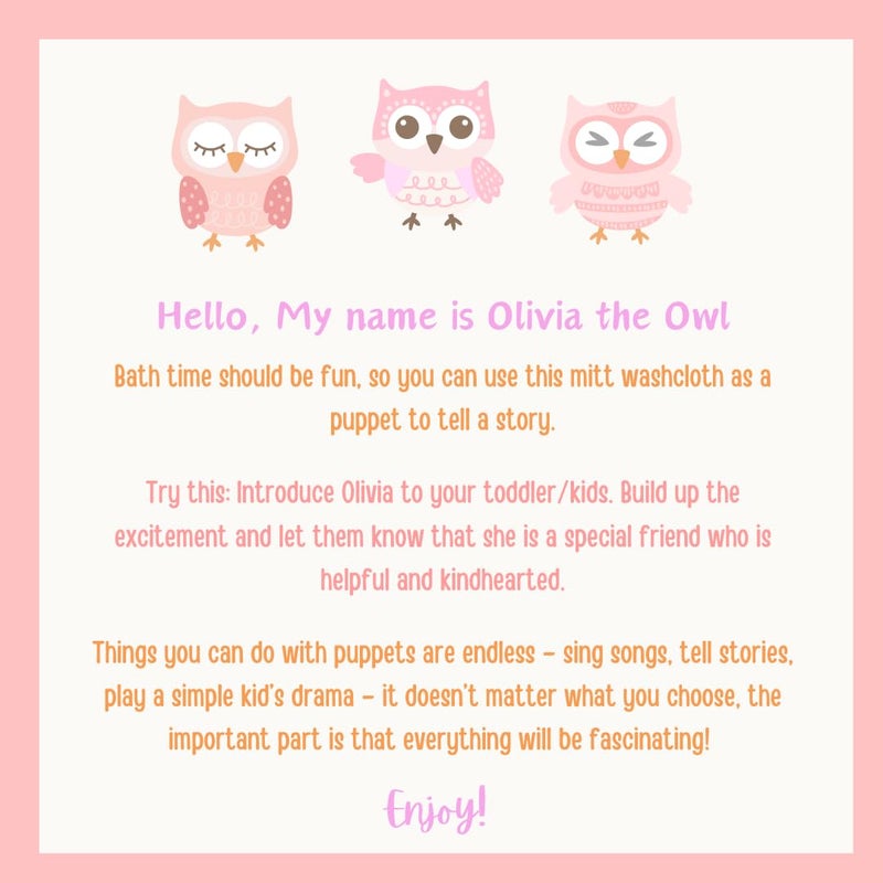 Harmony N More - Olivia The Owl Washcloth - Animal Shape Cotton Mitt - Bath Glove for Kids - Bath Towel Gloves - Cute Glove - Puppet Bath Glove (Pink, Blue) - Image 3