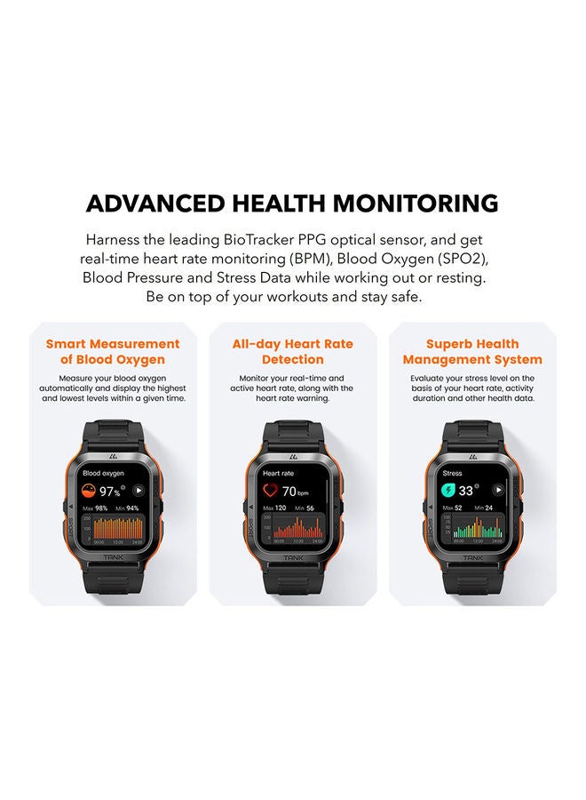 KOSPET Tank M2 Bluetooth Answer Make Call Smart Watches For Men 5 ATM US Military Certified With 70 Sport Modes 1.85 Inch For Android IOS IPhones With Heart Rate Blood Pressure Black/Orange - Image 5