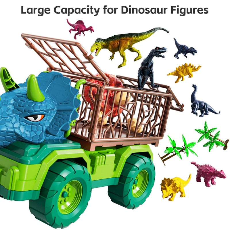 TEMI Dinosaur Truck Toy for Kids 3-5 Years, Triceratops Transport Car Carrier with 8 Dino Figures, Activity Play Mat, Dino Eggs and Trees, Capture Jurassic Dinosaurs Play Set for Boys and Girls - Image 3