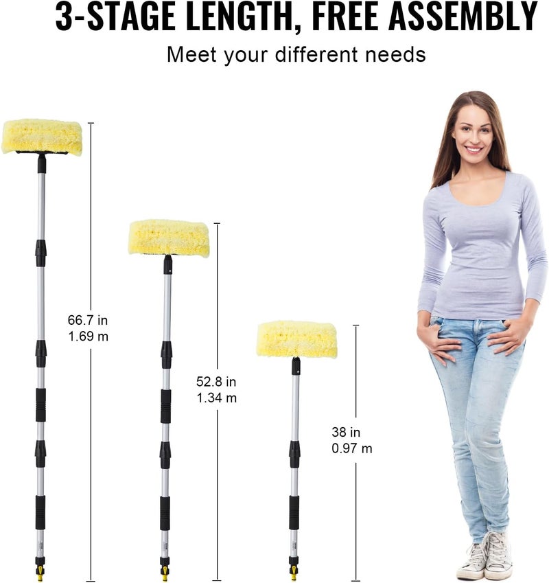 VEVOR Car Wash Brush, 66.7-Inch Extendable Car Washing Brush with Long Handle, 12" Scratch-Free Soft PVC Bristle Head, Flow-Thru Car Cleaning Mop Kit with Water Hose Attachment for Car RV Boat Fine polished finish - Image 2