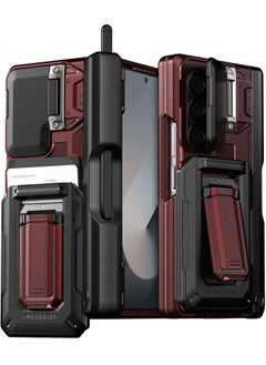 VRS Design D-Wallet Origin S Samsung Galaxy Z Fold 6 Case Cover [S-Pen Holder edition] Wallet with Semi Automatic Card Holder Slot [2 Cards] & Camera Lens Protector Kickstand (Pen NOT included) - Metallic Red  - Image 1