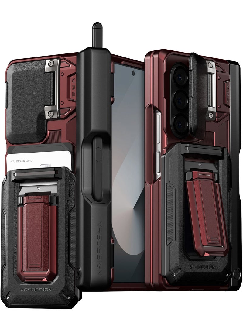VRS Design D-Wallet Origin S Samsung Galaxy Z Fold 6 Case Cover [S-Pen Holder edition] Wallet with Semi Automatic Card Holder Slot [2 Cards] & Camera Lens Protector Kickstand (Pen NOT included) - Metallic Red  - Image 1