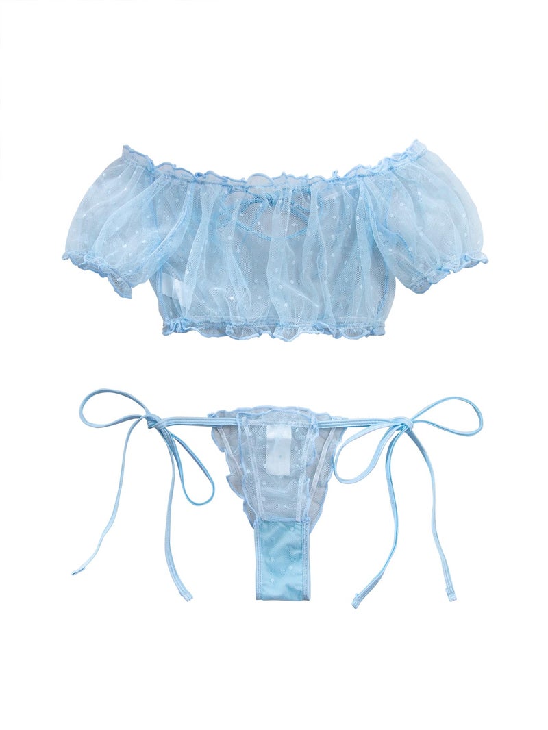Lilosy Sexy Stretch Ruffle Tie Sheer Mesh Lingerie Set Outfits 2 Piece Women Kawaii Cute See Through Matching Bra Panty Underwear Polka Dot Light Blue Medium - Image 5