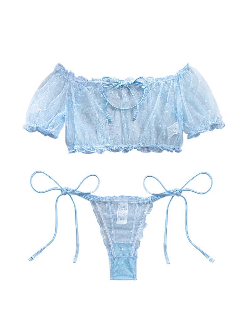 Lilosy Sexy Stretch Ruffle Tie Sheer Mesh Lingerie Set Outfits 2 Piece Women Kawaii Cute See Through Matching Bra Panty Underwear Polka Dot Light Blue Medium - Image 1