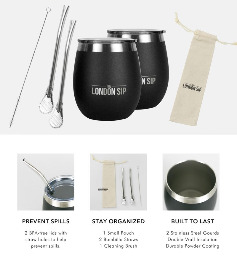 The London Sip London Sip Yerba Mate Cup and Bombilla Set, Includes 2 Mate Gourds, Spill Resistant Lids, and Mate Straws, Bombilla Brush and Pouch Included, Yerba Mate Gourd Kit Mate Tea Cups, Black  - Image 3
