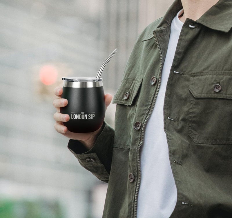 The London Sip London Sip Yerba Mate Cup and Bombilla Set, Includes 2 Mate Gourds, Spill Resistant Lids, and Mate Straws, Bombilla Brush and Pouch Included, Yerba Mate Gourd Kit Mate Tea Cups, Black  - Image 5