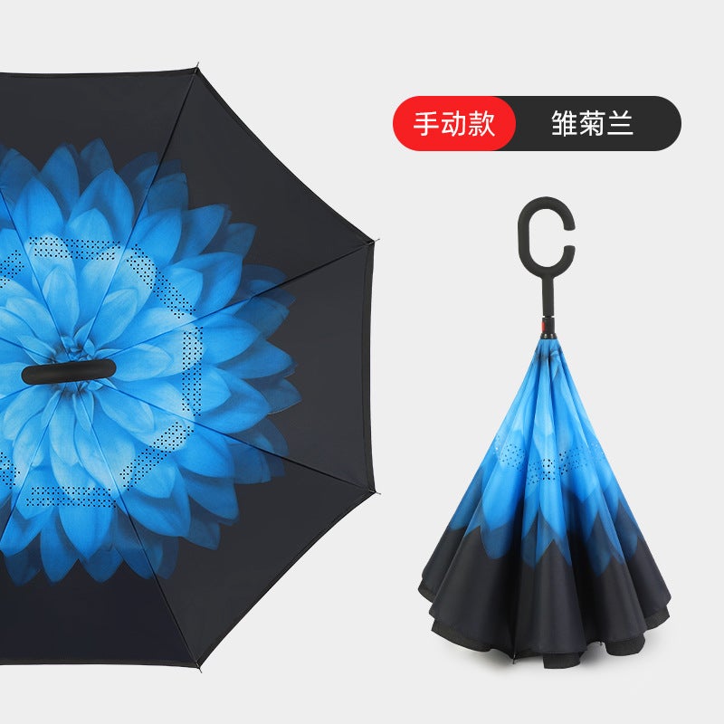 Hands-Free C-Handle Standable Reverse Umbrella Daisy blue hand opening style 
