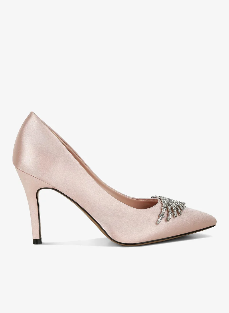 Diamante Brooch Detail Satin Pumps in Blush