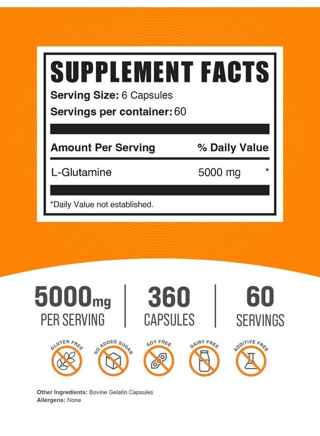 BulkSupplements كبسولات L-جلوتامين من BulkSupplements.com - مكمل جلوتامين، مكمل حمض أميني - خالي من الغلوتين، 6 كبسولات لكل حصة (5000 ملغ)، 360 عدد (عبوة من 1) - Image 2