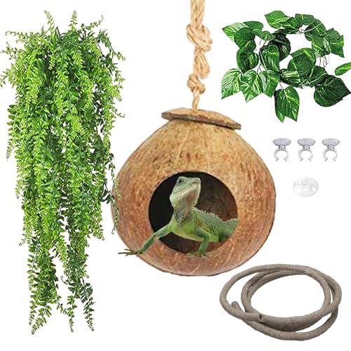 kathson Gecko Coco Hut Lizard Coconut Hide Cave Natural Coconuts Husk Reptile Hanging Nest Habitat Decor Bearded Dragon Terrarium Accessories for Crested Gecko Chameleon Snake Spider 4 PCS - Image 1