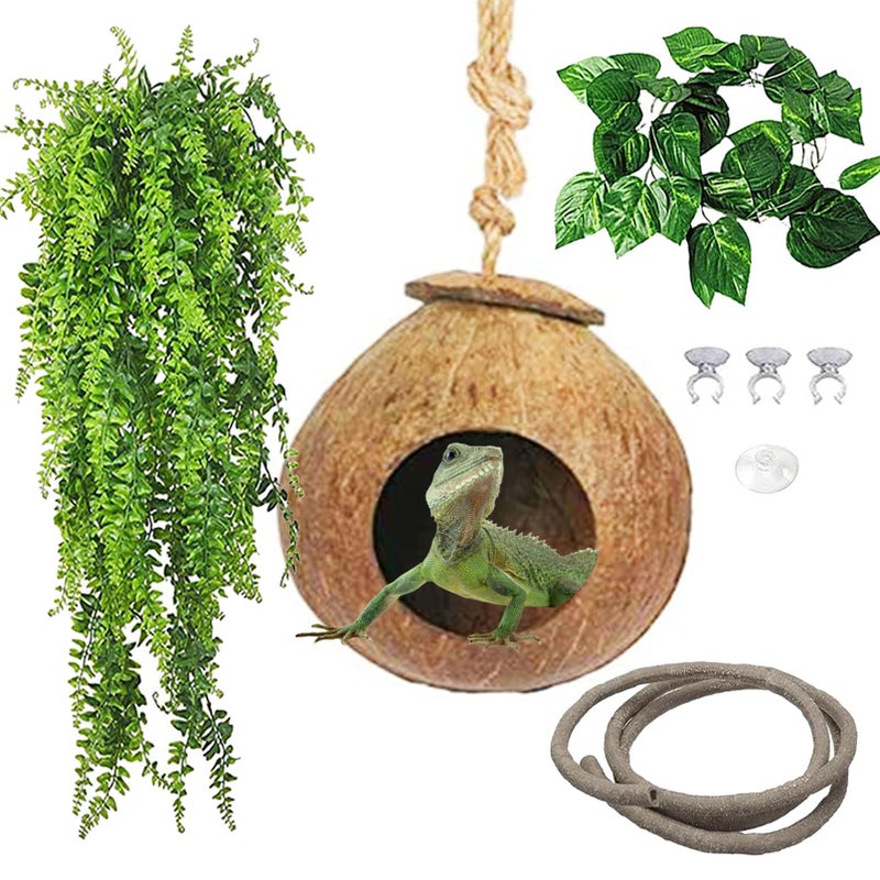 kathson Gecko Coco Hut Lizard Coconut Hide Cave Natural Coconuts Husk Reptile Hanging Nest Habitat Decor Bearded Dragon Terrarium Accessories for Crested Gecko Chameleon Snake Spider 4 PCS - Image 2