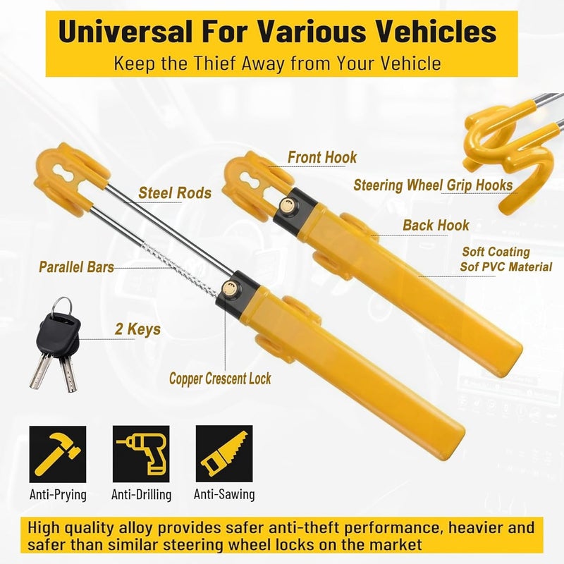 ATEK Car Steering Wheel Lock Universal Heavy Duty Anti-Theft Security Device Twin Bar Adjustable Length Mechanism Clamp for Cars SUV Van Steering Wheel Lock Vehicle Protection + 2 Keys - Image 5