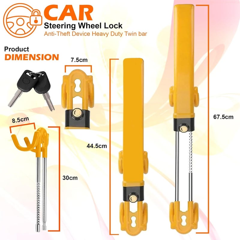 ATEK Car Steering Wheel Lock Universal Heavy Duty Anti-Theft Security Device Twin Bar Adjustable Length Mechanism Clamp for Cars SUV Van Steering Wheel Lock Vehicle Protection + 2 Keys - Image 3